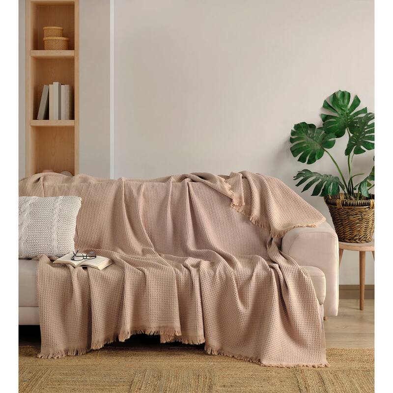 KAFTHAN Textile Waffle Plain Cotton Queen Coverlet - Peanut and Medium Brown