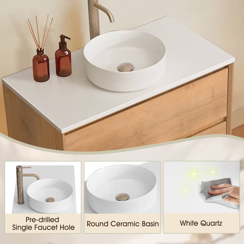 36"48"60"72"84" Floating Bathroom Vanity Quartz Counter Top with Round Ceramic Vessel Sink