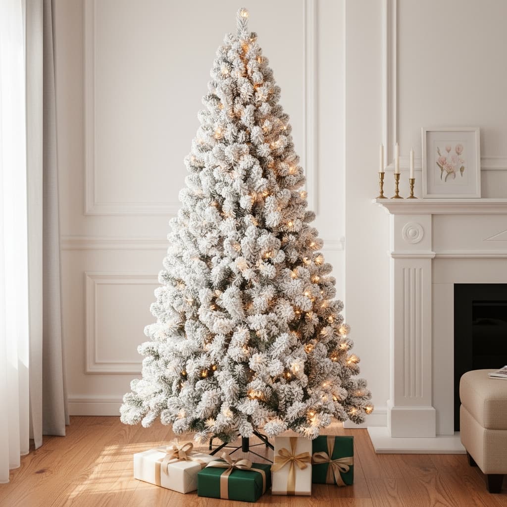 HomeRoots 9' White Pre Lit Full Flocked Fir Christmas Tree - 60.00 in. x 108.00 in. x 60.00 in.