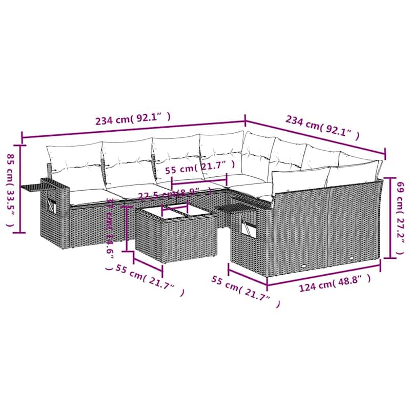 vidaXL Patio Sofa Set with Cushions Outdoor Furniture 9 Piece Poly Rattan - 24.4 x 24.4 x 27.2