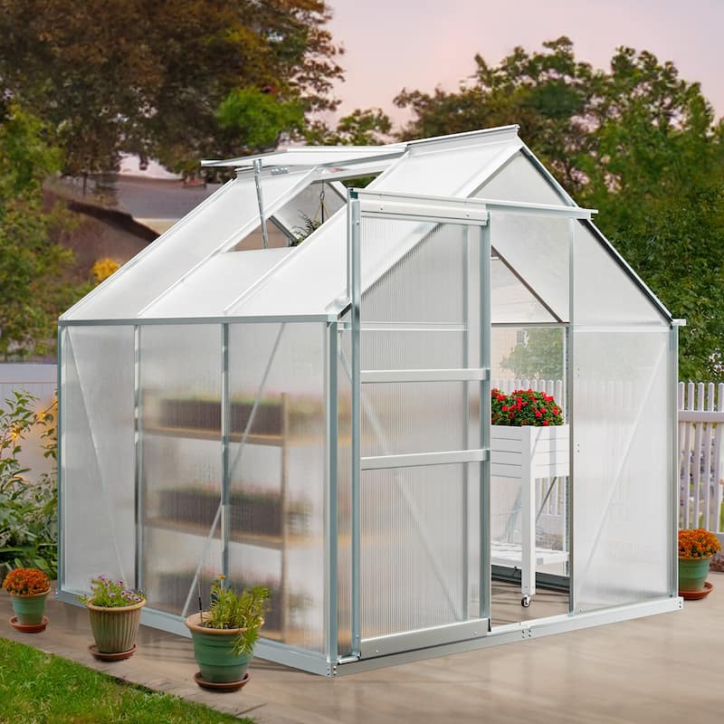 Moasis 6'W X 4/6/8/10/12/16'D Dual-wall PC Walk-in Hobby Greenhouse with Aluminum Frame - 6'W X 6'D