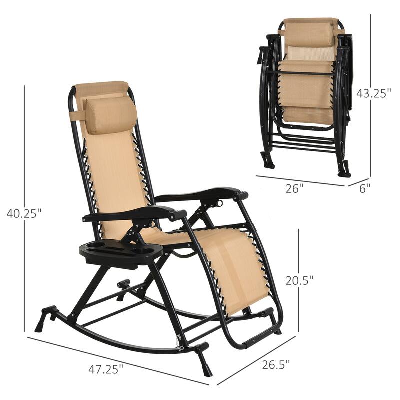 Outdoor Breathable Reclining Rocking Chair, Folding Chaise Lounge Chair with Cup Holder Tray & Footrest