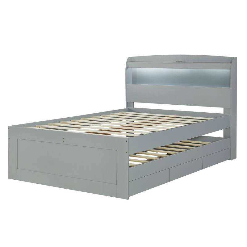 Full XL Size Platform Bed with Storage LED Headboard, Charging Station, Twin Size Trundle, and 2 Drawers