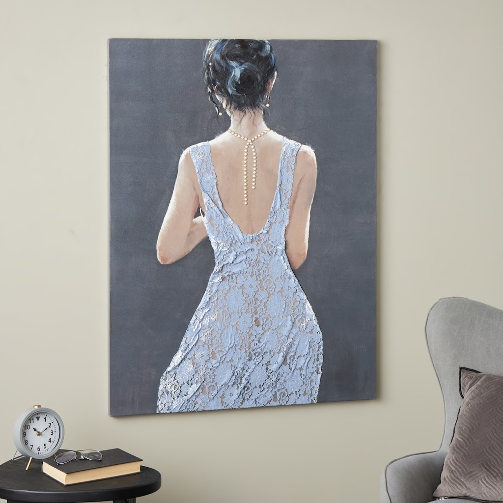 Multi Colored Canvas Woman Living Room Framed Wall Art with 3D Blue Fabric Dress and Gold Jewels