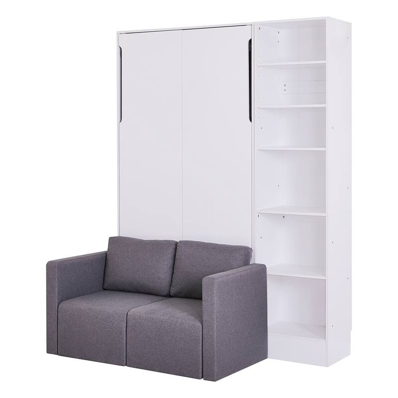 Twin Size Murphy Bed with Sofa and Shelves, White