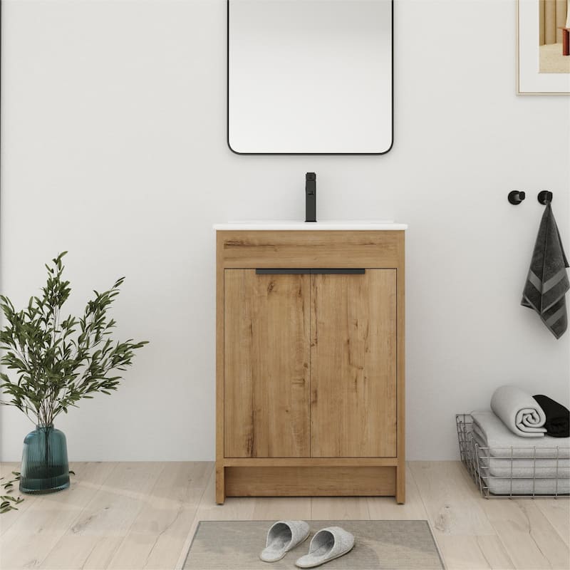 Bathroom Vanity With Sink In 24/30/36 Inch, Freestanding Bathroom Vanity With Soft Close Door and Adjustable Shelf - Imitative Oak - 24"W x 18.3"D x 34.3"H