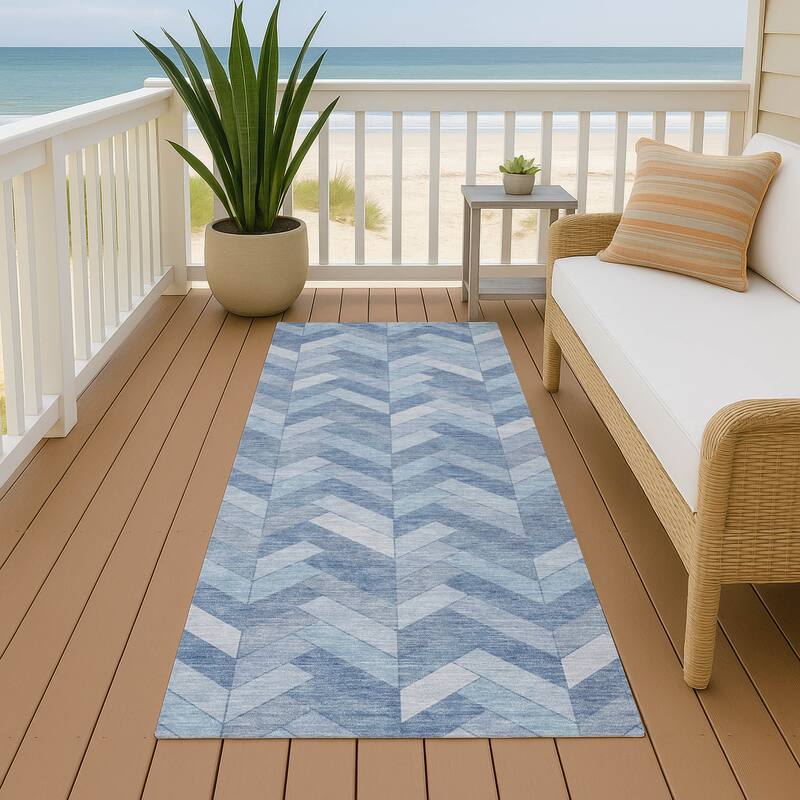 Machine Washable Indoor/ Outdoor Modern Chevron Chantille Rug - Sky - 2'3" x 7'6"