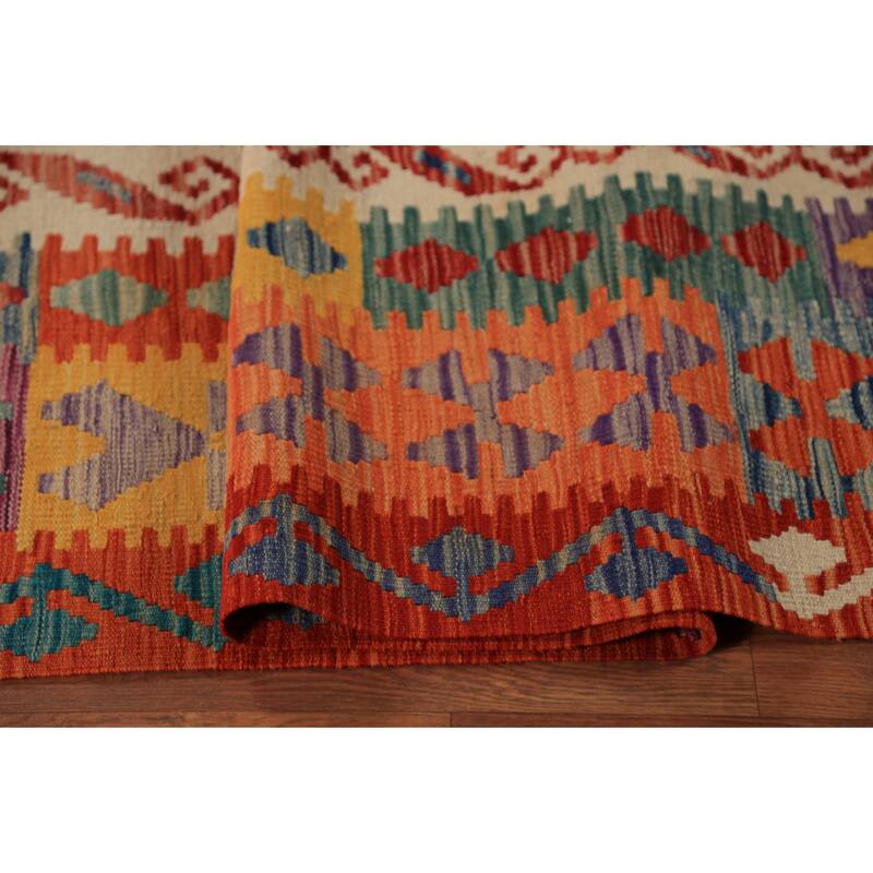 Geometric Kilim Area Rug Hand-Woven Orange Wool Carpet - 8'7"x 11'5"