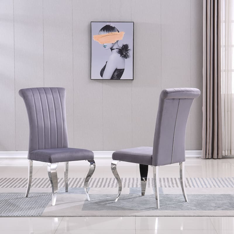 Modern Velvet Dining Chairs Set of 2, Upholstered Accent Armless Chairs with Stripe Backrest - Silver