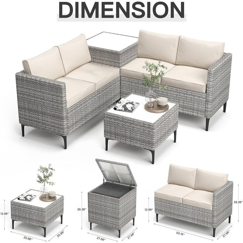 4-Piece Patio Sectional Sofa Set with Coffee Table and Storage Box