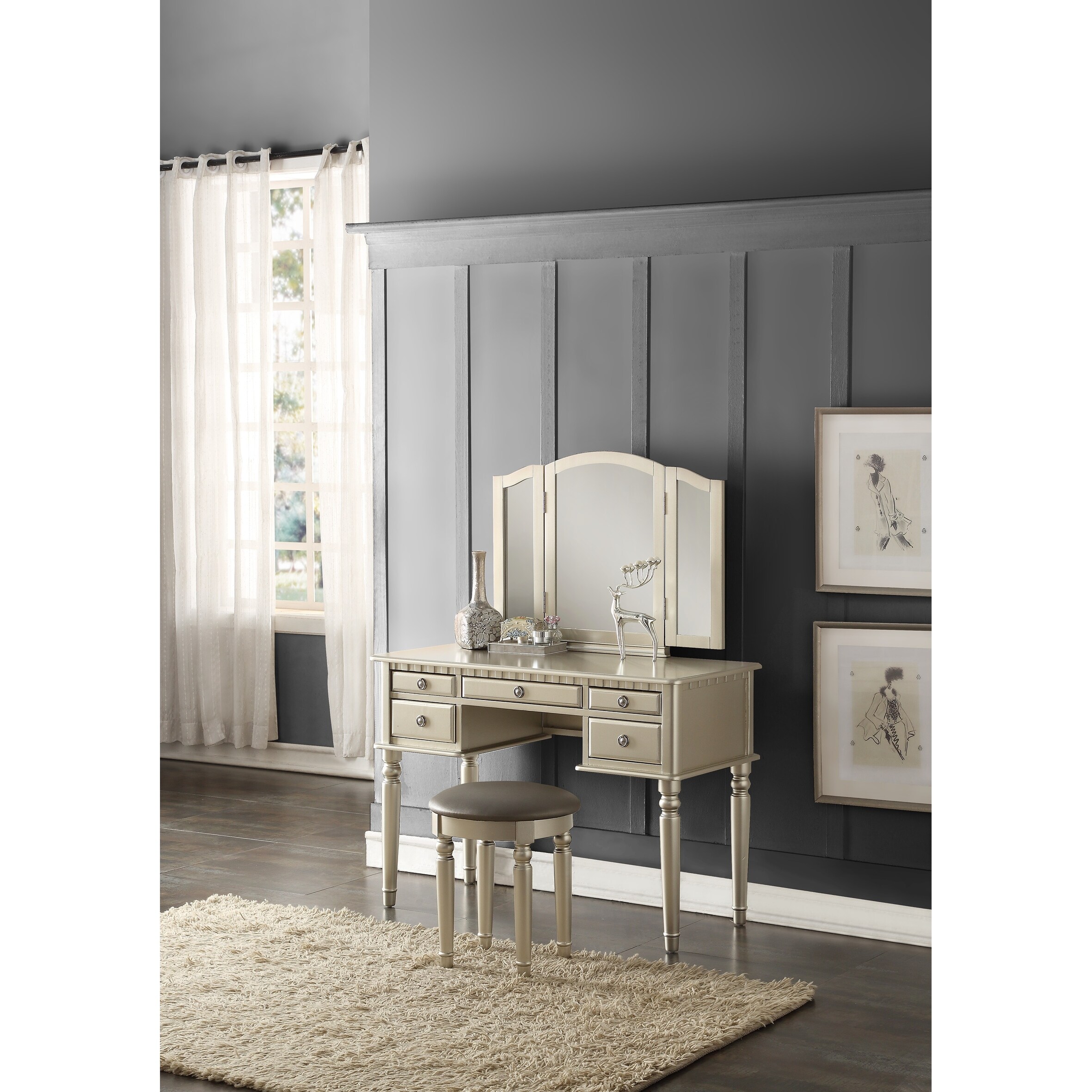 sachin and babi light blue dress Extendable Nordic Dressing Table with 5-Drawer Dressing Table with Stone  Top in Champagne by Homary