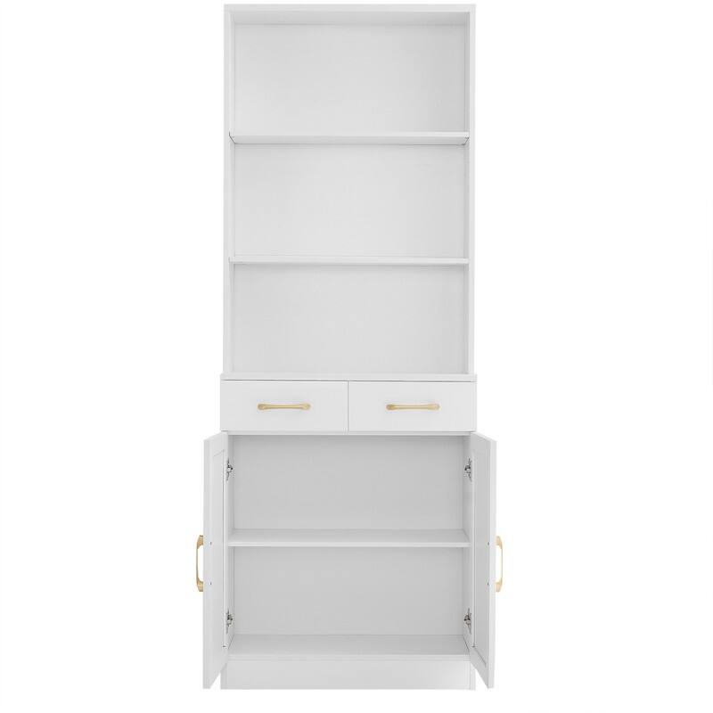 Bookshelf with Two Doors and Drawers, Adjustable Shelf, Three-layer Open Shelf