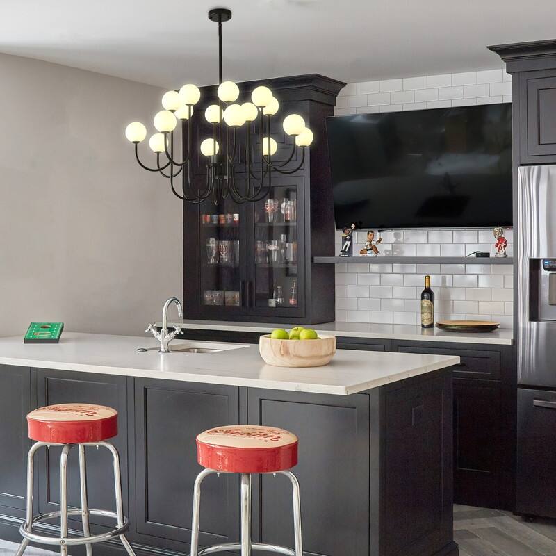 Sputnik Chandelier 16 Lights Black Mid Century Modern Ceiling Pendant Light with Glass Globe Shades - 36.6 in