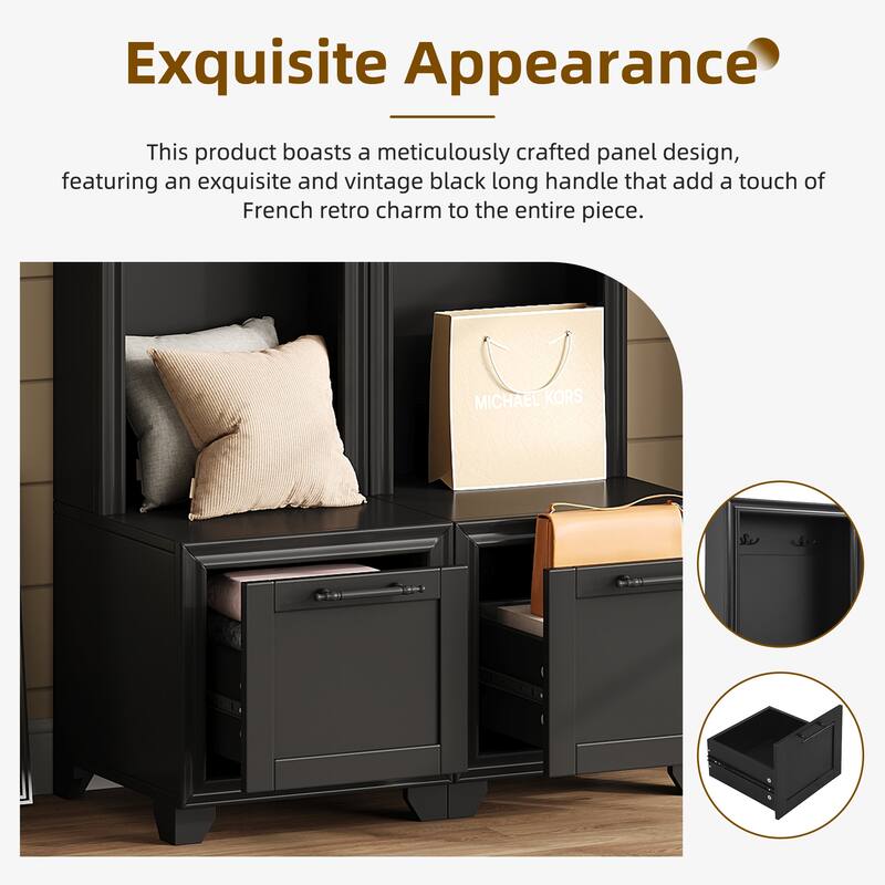 Elegant Free Standing Hall Tree Set of 2, Multifunctional 3-IN-1 Entryway Coat Rack with Black Retro Handles