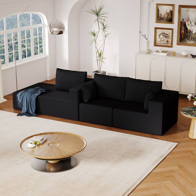L Shaped Sectional Foam Sofa, Upholstered Corduroy Fabric Sofa, Modular Cloud Couch with Chaise Lounge & Removable Covers