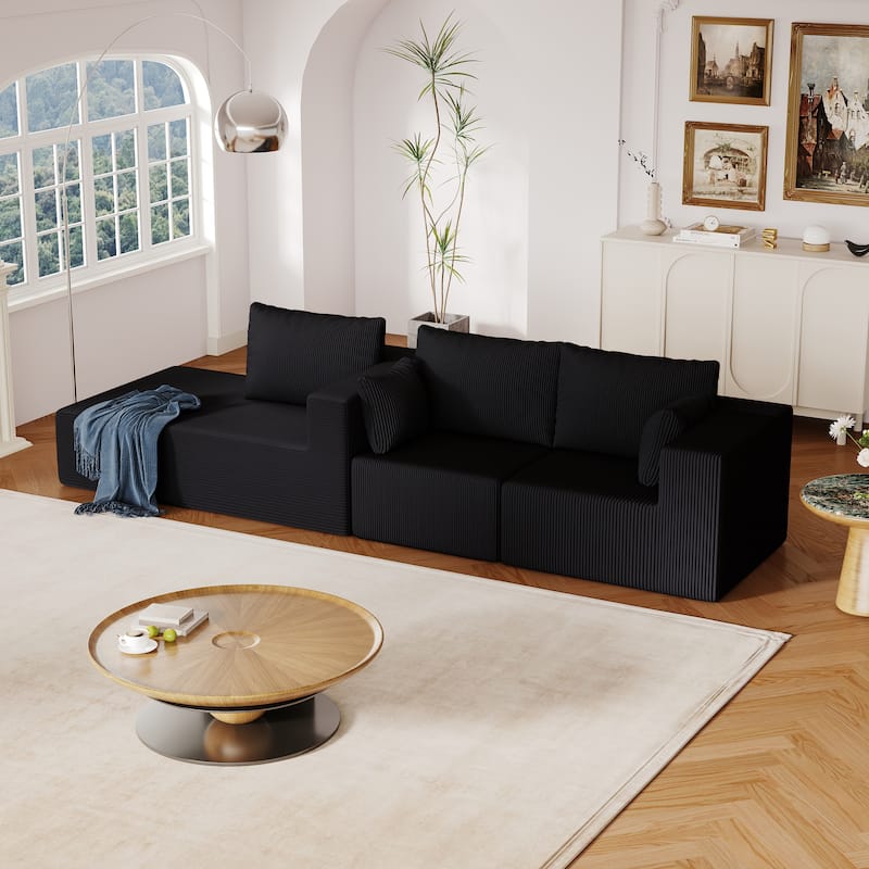Living Room Modular Black Corduroy L-shaped Sectional Sofa with Chaise