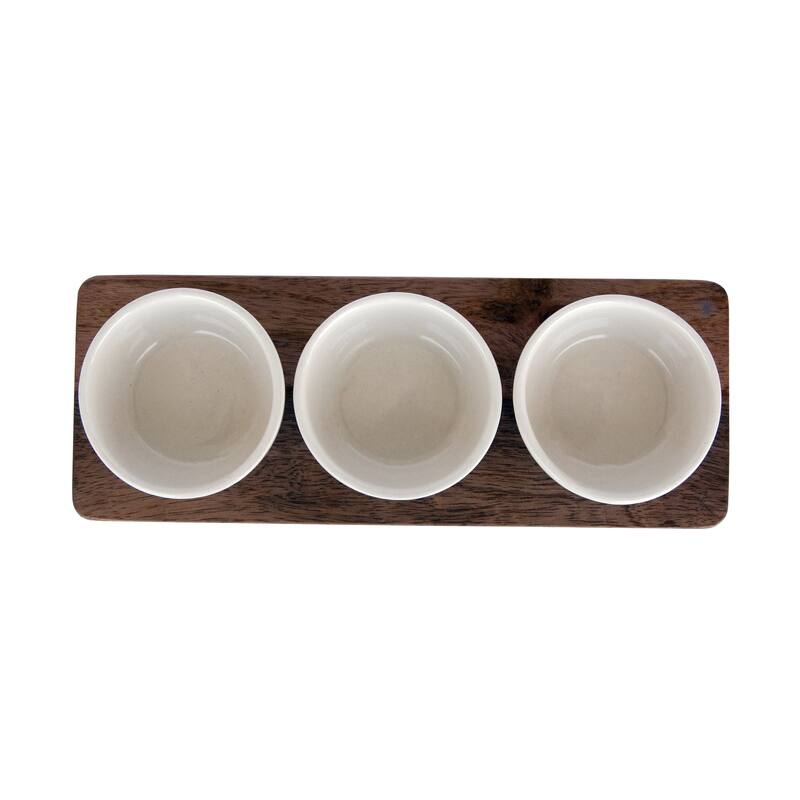 Stoneware Serving Dish with Mango Wood Base