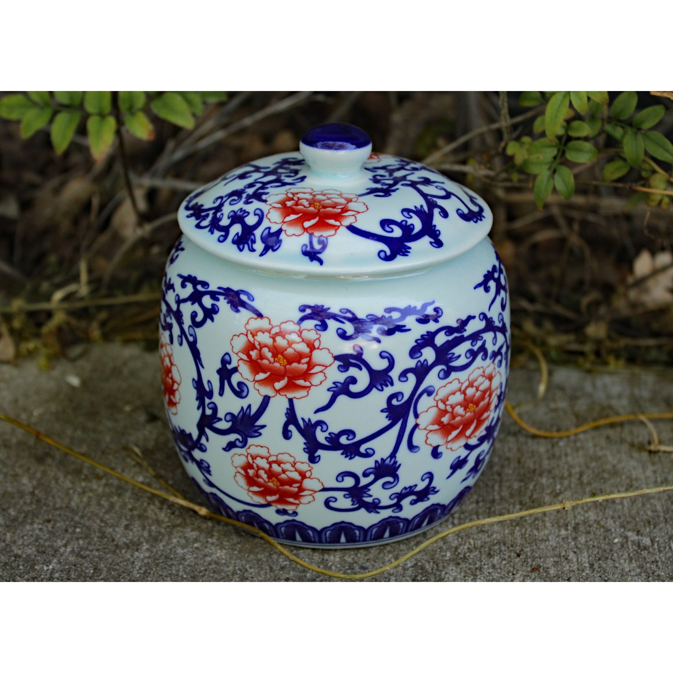 6 Inch Pale Blue and White Glazed Porcelain Pink Lotus Sugar Bowl