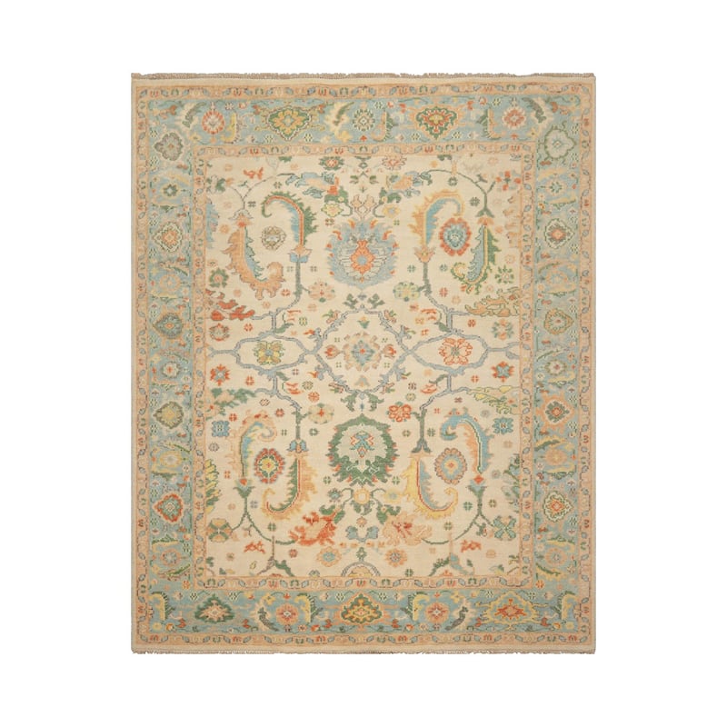 LoomBloom Beige Hand Knotted Wool Rug Arts & Crafts Oushak Style