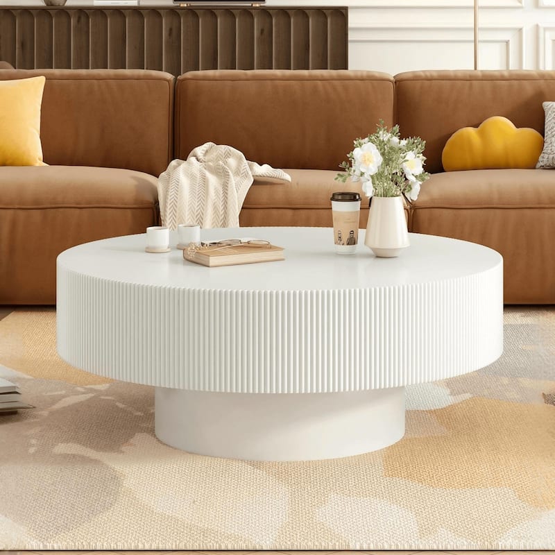 Round Coffee Table with 6.8" Thick Tabletop, Modern Drum End Table