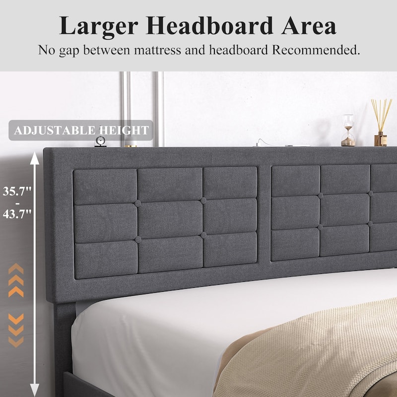 Javlergo Full Queen Size Bed Frame with USB Charging Station Adjustable Height Upholstered Headboard No Box Spring Needed