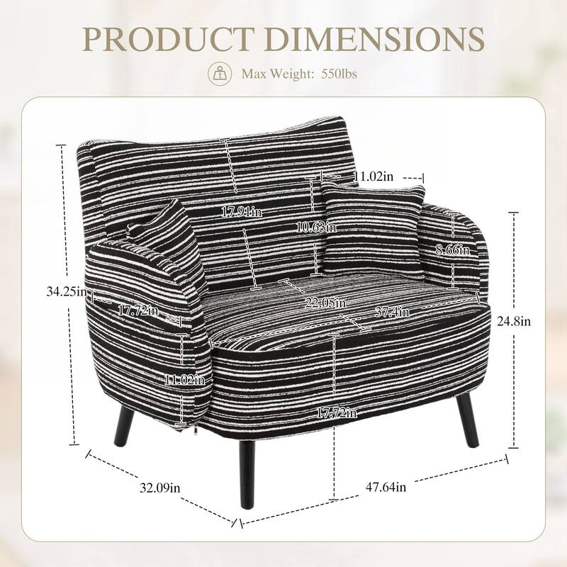 Modern style two-seater sofa with ultra-comfortable armrests, armrest pillows - Black