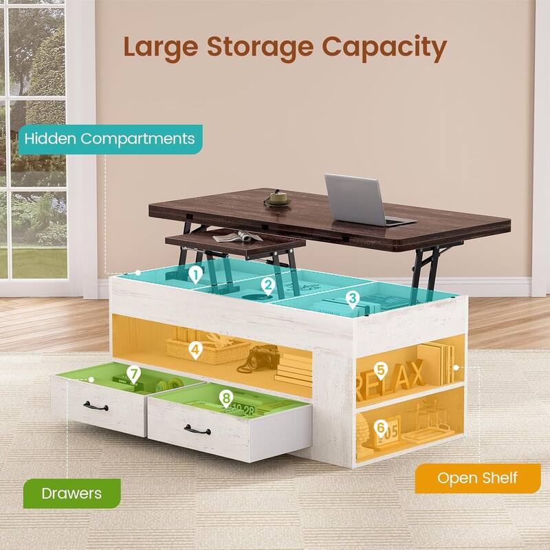 Lift Top Coffee Table Open Storage Shelf & Hidden Classified Storage