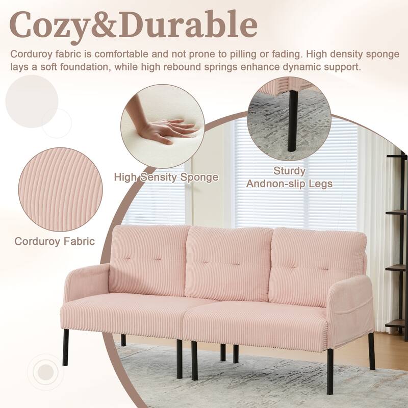 HOMEFUN Corduroy Upholstered Oversized Wood Frame Loveseat Sofa with Metal Legs and Side Pockets