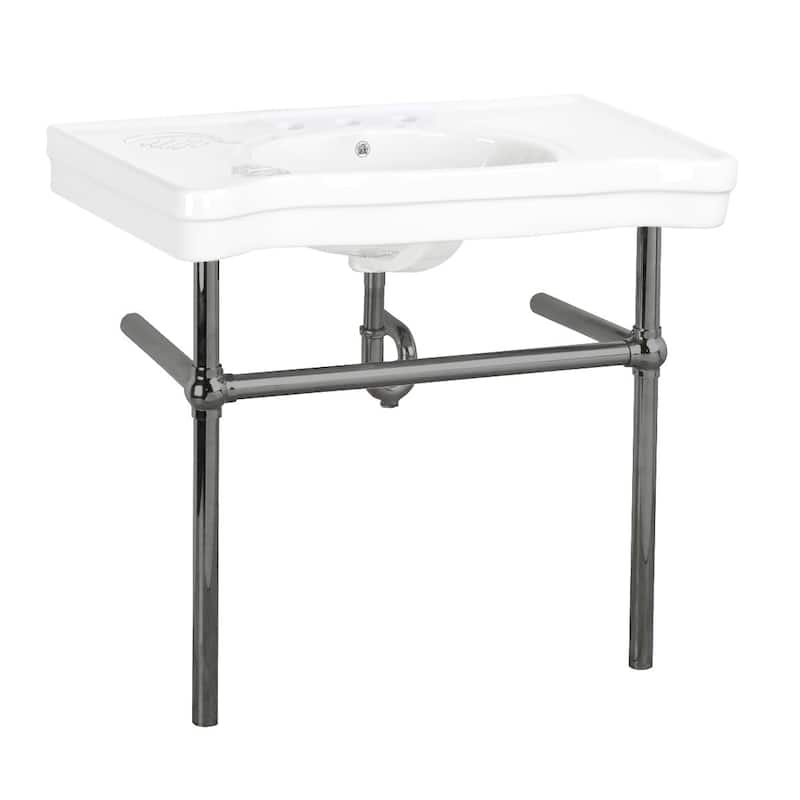 Belle Epoque White Porcelain Console Sink with Black Nickel Bistro Legs and 8" Widespread Faucet
