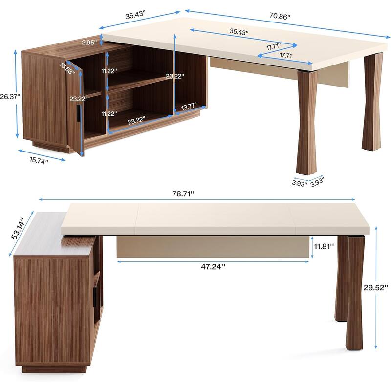 78.78"L-Shaped Executive Desk with Storage Cabinet, Cream White & Walnut