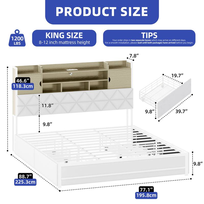 Queen/King Upholstered Bed Frame with RGB LED Lights & Storage Bookcase Headboard - White - King