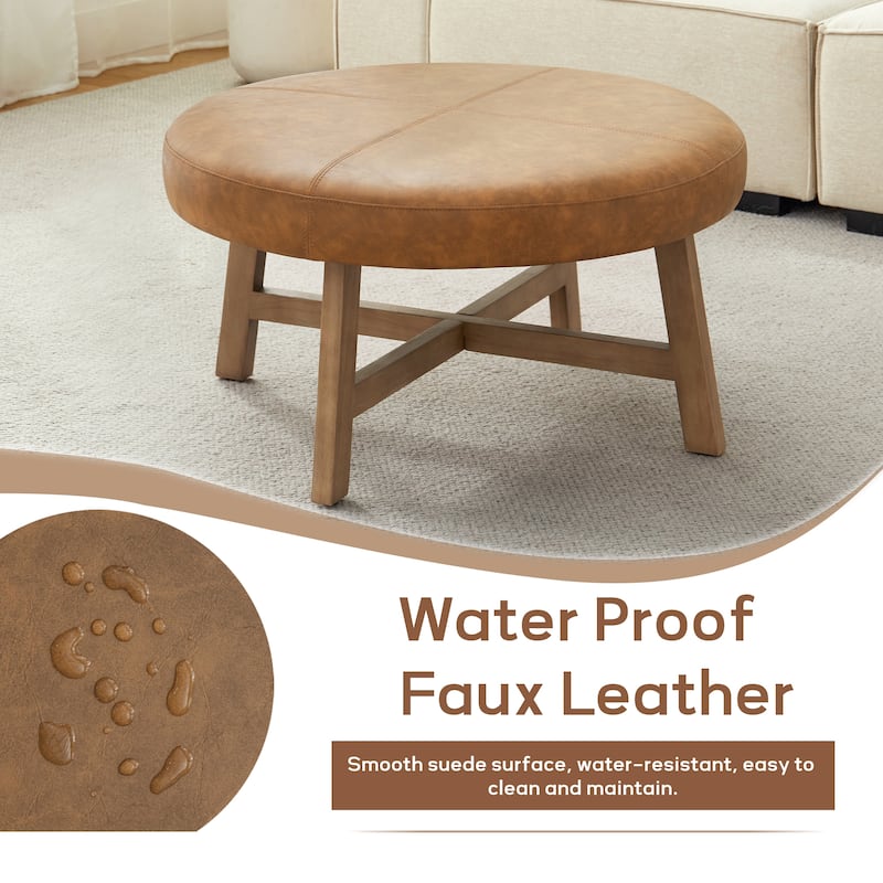 Round Upholstered Coffee Table with Solid Wood Base, Modern Fabric Ottoman Table for Living Room