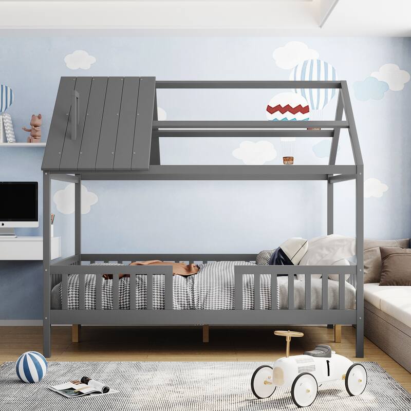 Platform Bed for Kids Teens, House Shaped Bed with Fence and Roof, Solid Wood Low Bedframe w/Slats Support, No Box Spring Needed