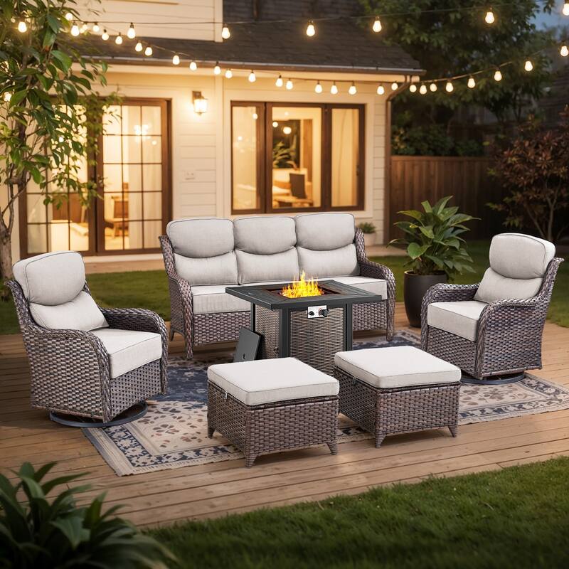 Pocassy 6/7PCS Patio Sofa Swivel Chair with 30" Fire Pit Tab;e - 6-Piece Sofa Siwvel Chair Ottoman w/ Fire Table - Beige Cushion Brown Wicker
