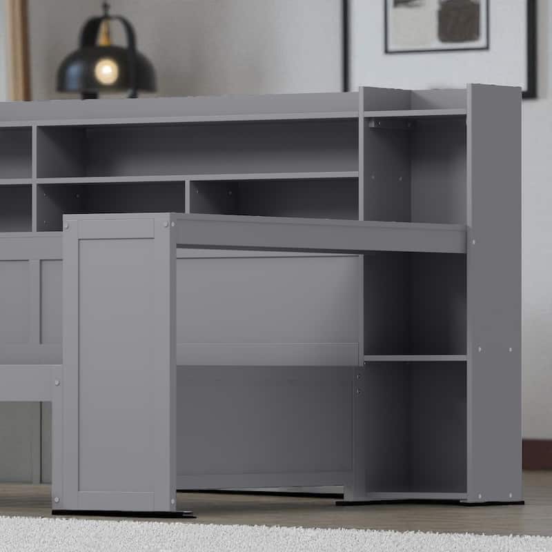 Wooden Twin/Full Daybed with Trundle Bed, Study Desk, and Storage Shelves
