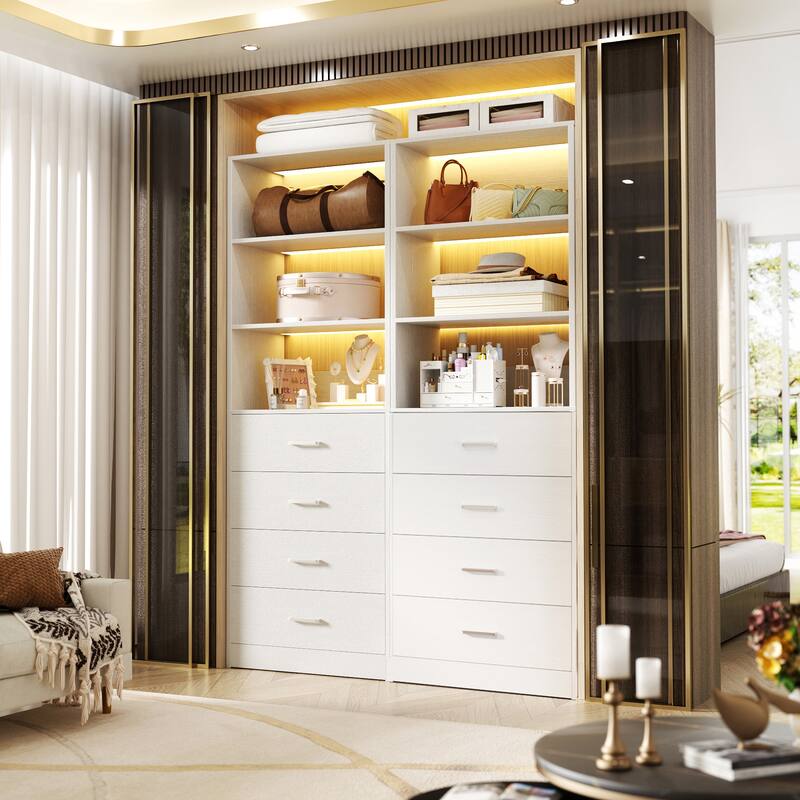 Freestanding Closet Organizer with 4 Drawers and 4 Shelves, Wooden Closet System for Walk-in Closet - White - 2pcs