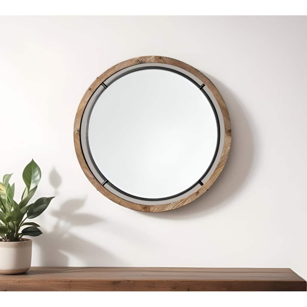 HomeRoots 28" Brown Round Wood Framed Accent Mirror - 28' X '28' X '1.25