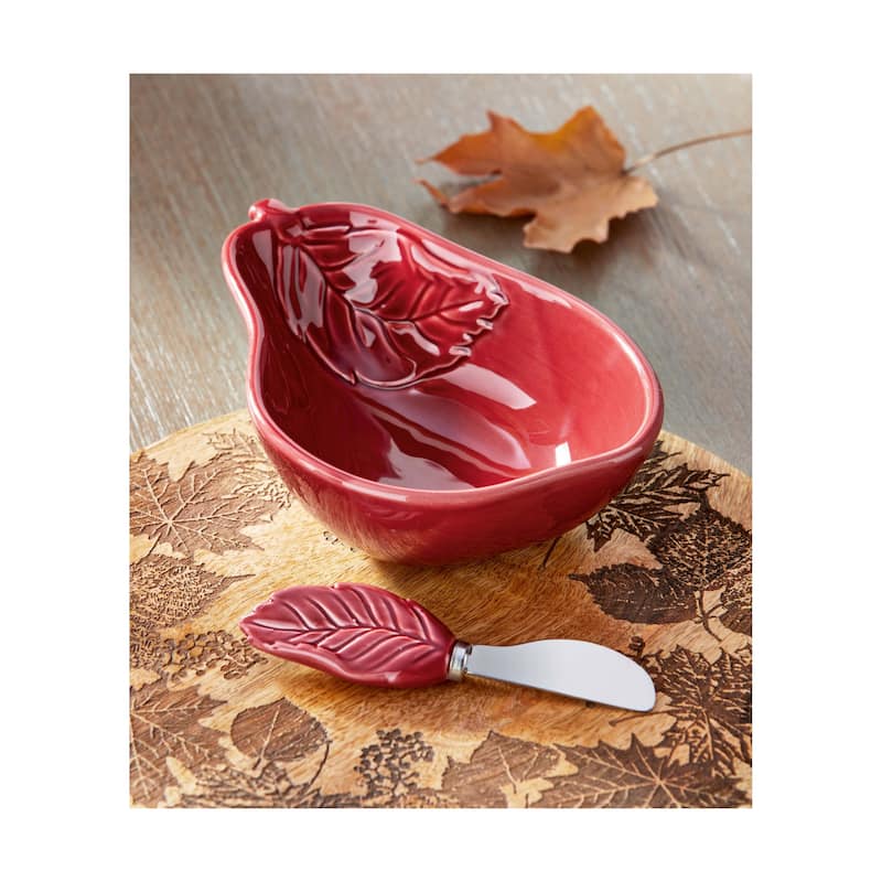Plum Purple Ceramic Pear Bowl with Leaf Spreader 18oz Fall Harvest Serveware Dishwasher Safe