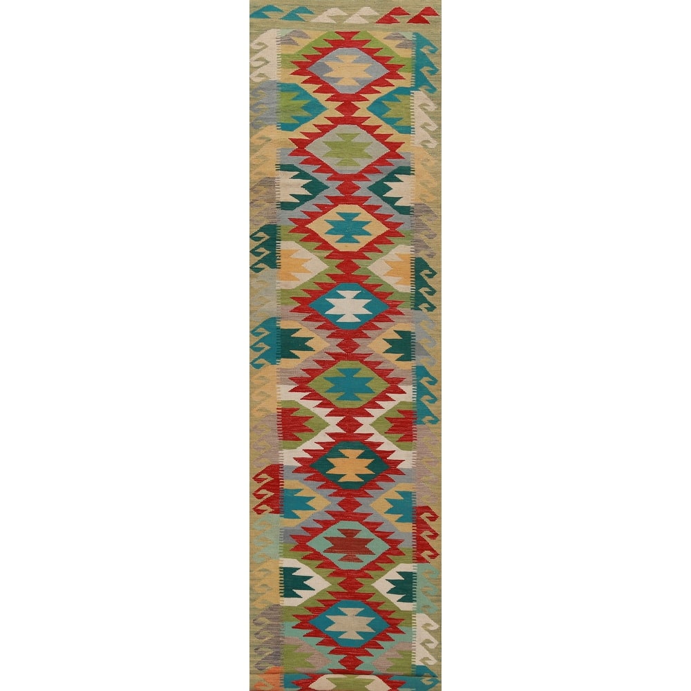 Hand Woven Oriental 100% Wool Carpet Southwestern Geometric Multi-Colored Kilim Runner Rug - 15' 11'' X 2' 7''