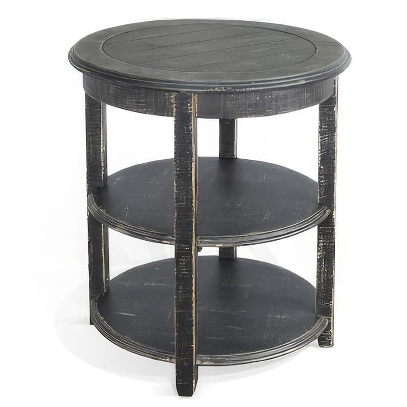 Rena Side End Table with 2 Shelves, 24 Inch Round Black Mahogany Wood