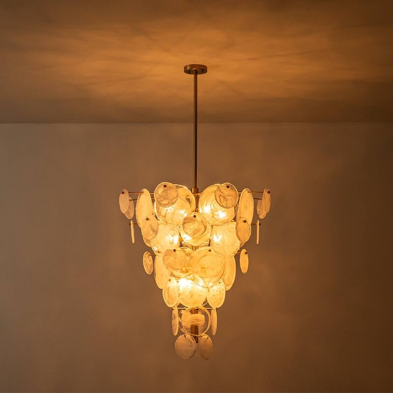 12-Light Tiered Cloud Glass Discs Cone-shaped Chandelier - Burnished Brass - 30.7in