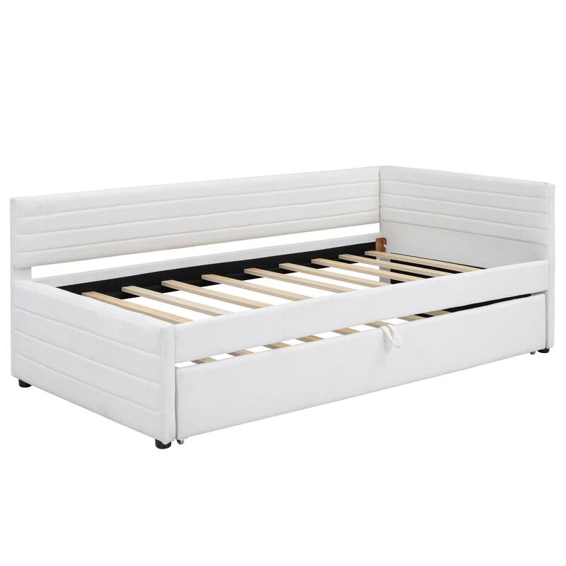 Twin Size Upholstered Daybed with Roll-Out Trundle, Space-Saving Wooden Frame, No Box Spring Needed