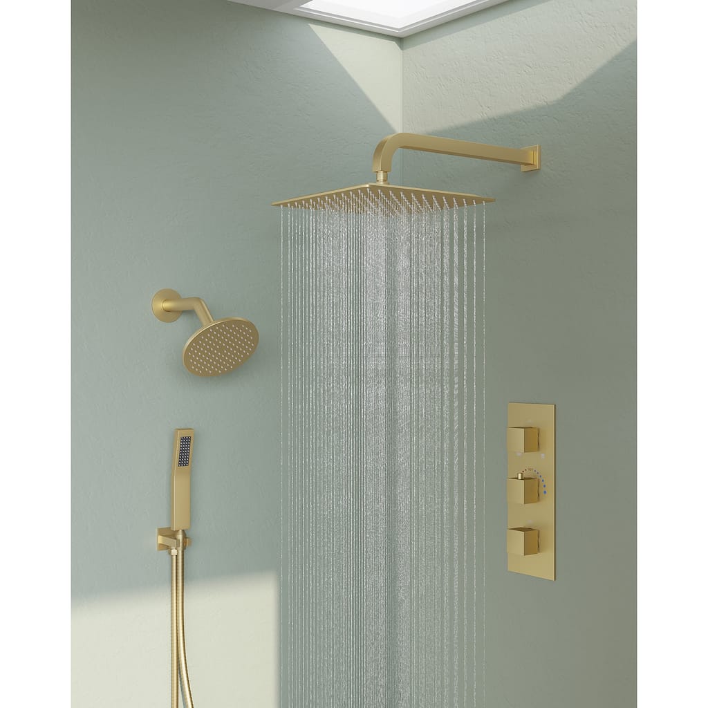 GRANDJOY Dual Shower Heads 12" Rainfall Thermostatic Shower System Faucet Set with Rough-in Valve