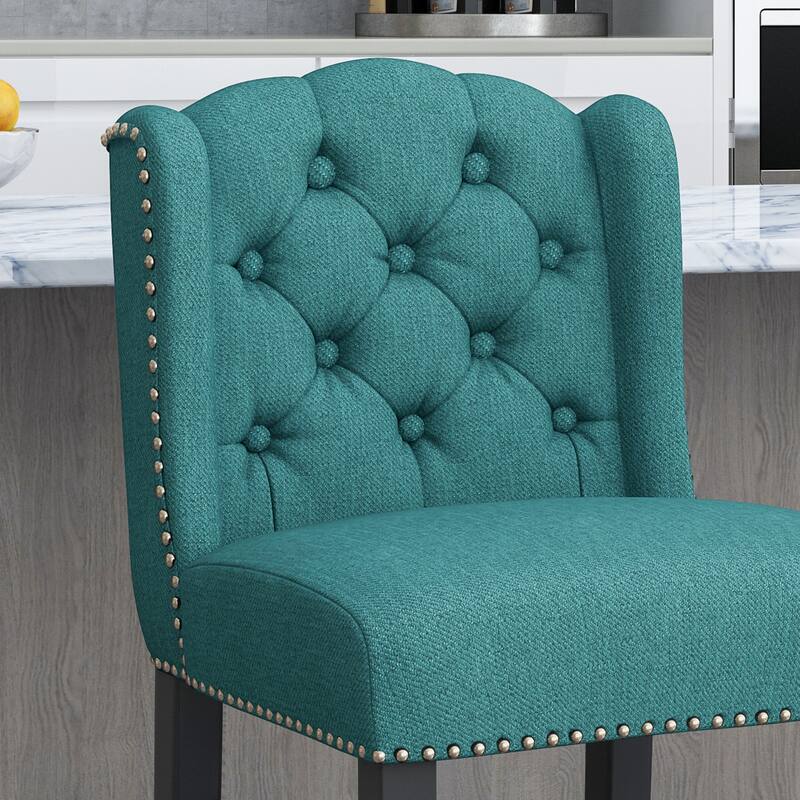31 Inch Fabric Tufted Wingback Counter Stools, Set of 2