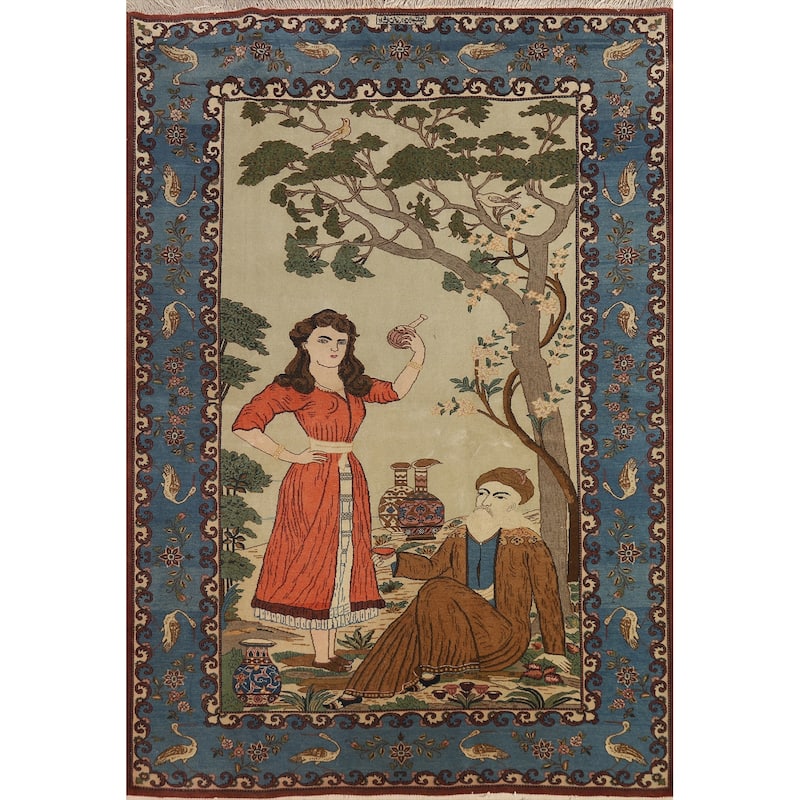 Hand Knotted Oriental 100% Wool Carpet Traditional Pictorial Green Kashan Area Rug - 6' 8'' X 4' 6''