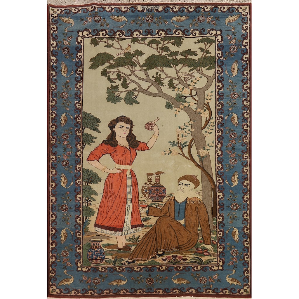 Hand Knotted Oriental 100% Wool Carpet Traditional Pictorial Green Kashan Area Rug - 6' 8'' X 4' 6''