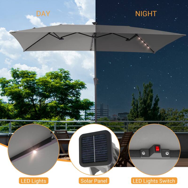LIVOOSUM 10 x 6.5Ft Solar-powered Large Double-Sided Rectangular Outdoor Patio Market Umbrella with Crank, Gray