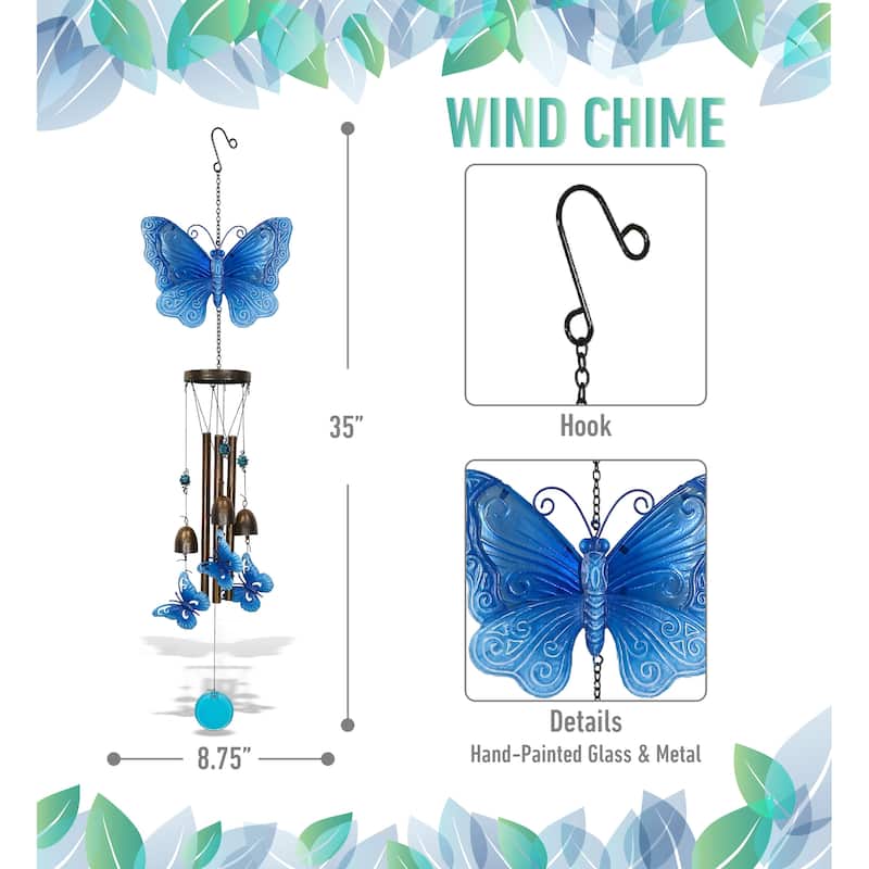 CoTa Global Blue Garden Butterfly Wind Chime – Glass and Metal Chime - 35 inches