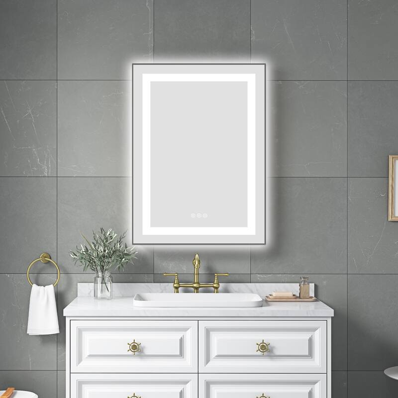 24" x 32" LED Bathroom Mirror with Front and Backlight, Wall Mounted Vanity Mirror with Aluminum Frame, Anti-Fog - Gun Ash