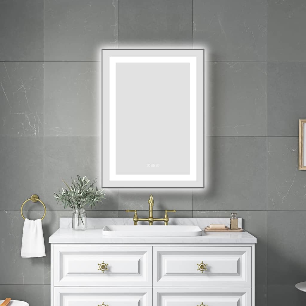 24 x 32 Inch LED Bathroom Mirror with Front and Backlight, Wall Mounted Vanity Mirror with Aluminum Frame, Anti-Fog